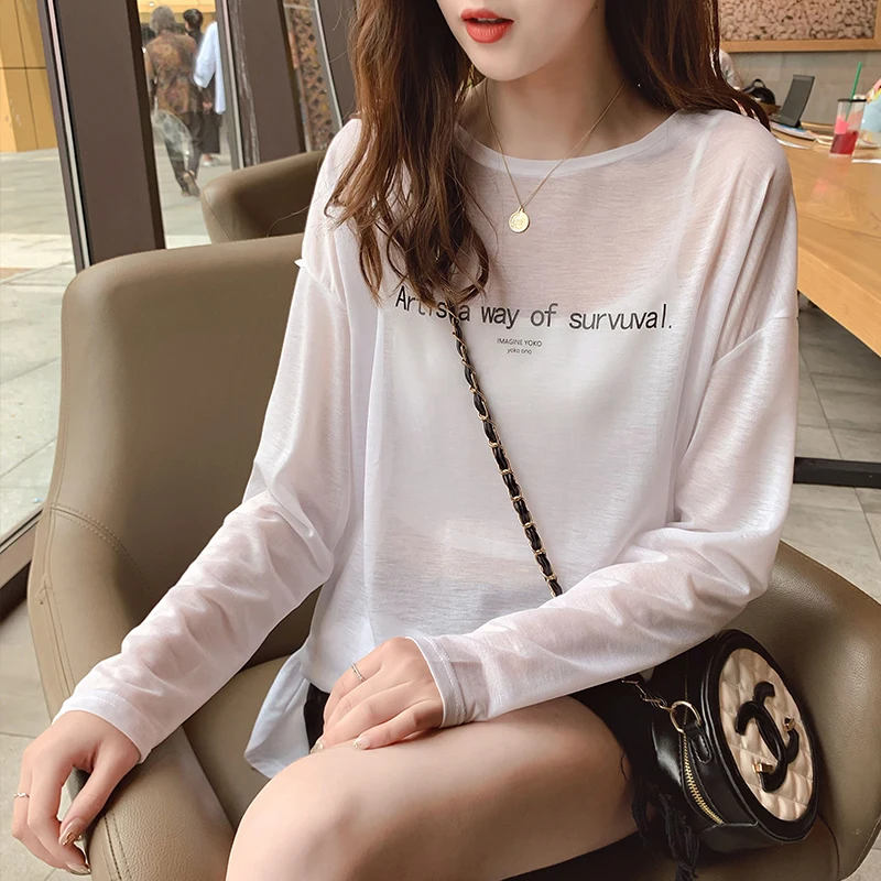 

summer new loose ice silk bottoming sweater female hollow sun protection clothing thin section blouse air conditioner shirt top