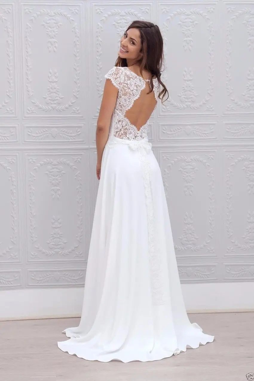 Vestido de noiva praia, открытая спина, кружево и шифон, Пляжное,, вечернее свадебное платье, длинное, дешевое, кружевное платье для матери невесты