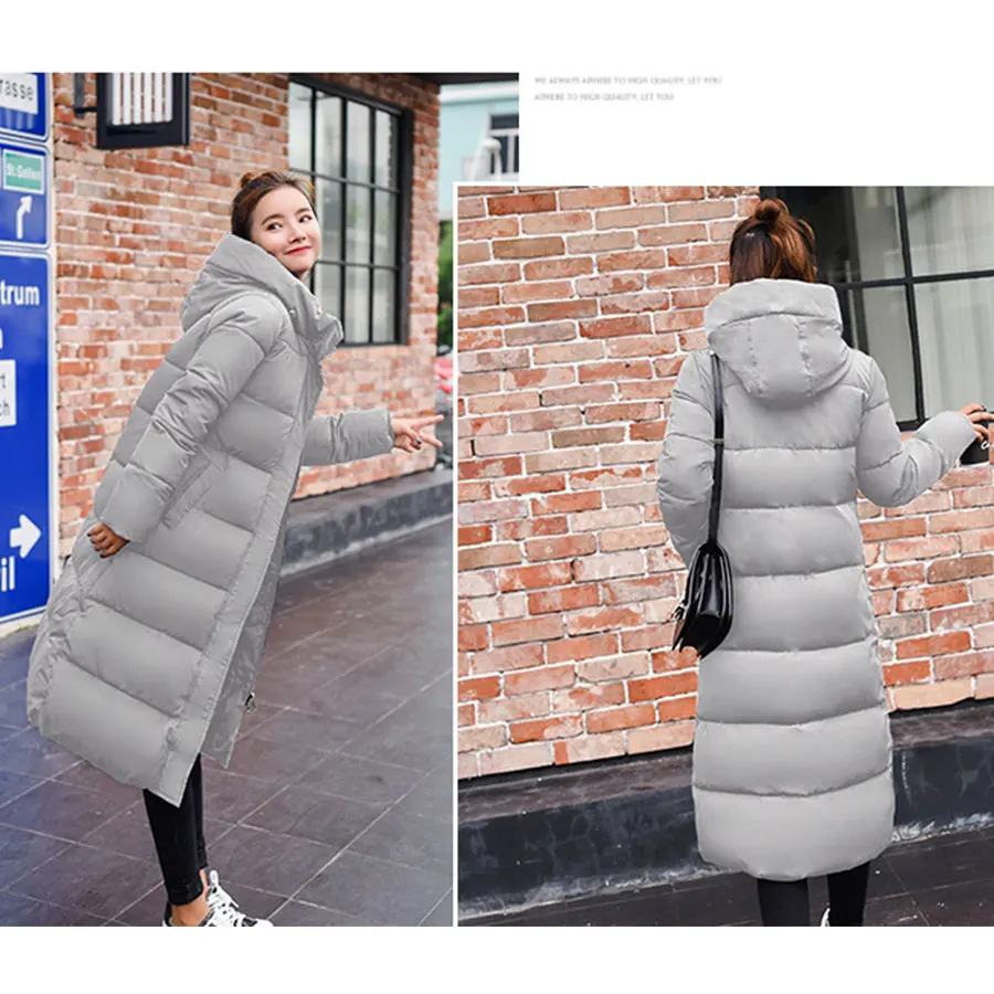 Best  Winter Long Hooded Down Coat Women Casual Thicken Down Jacket Female Slim Elastic Cuff Puffer Coats