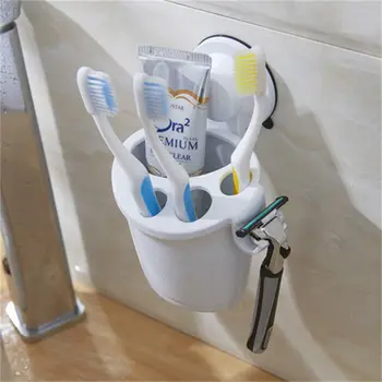 

Multifunction Popular New White Plastic Toothbrush Holder Suction Wall Type Bathroom Free Punching Wall Hanging Cup Holder Rack
