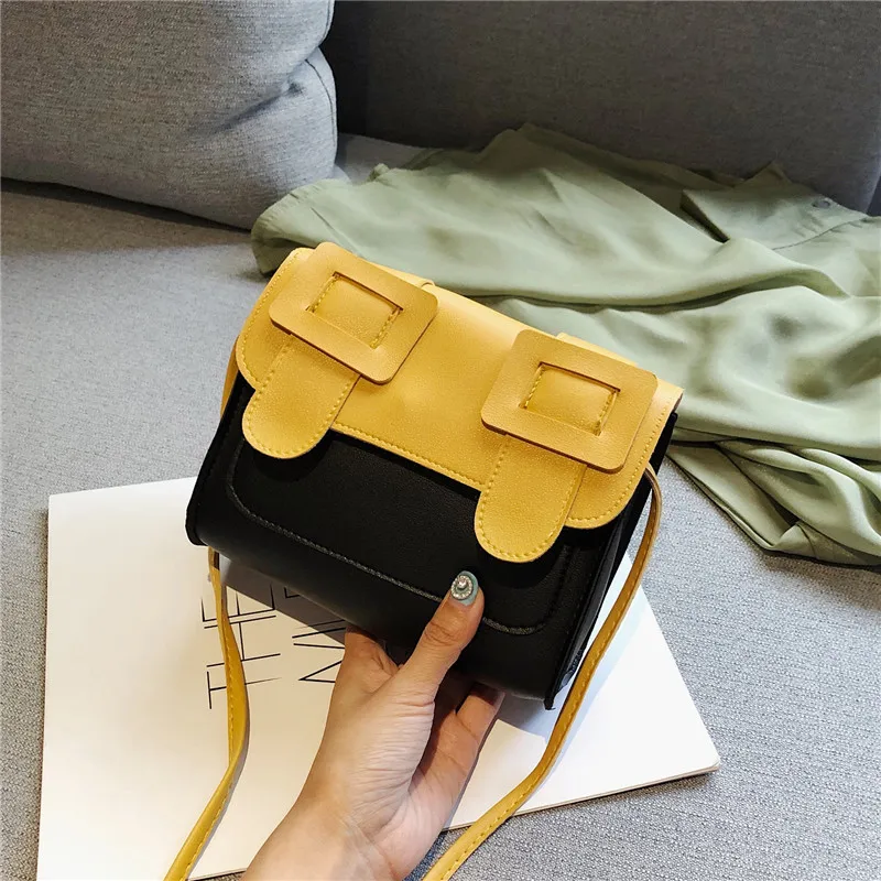 

2019 New Style Korean-style Poly Urethane Leather Contrast Color Belt Decoration Casual Crossbody Bag Square Sling Bag Women's B