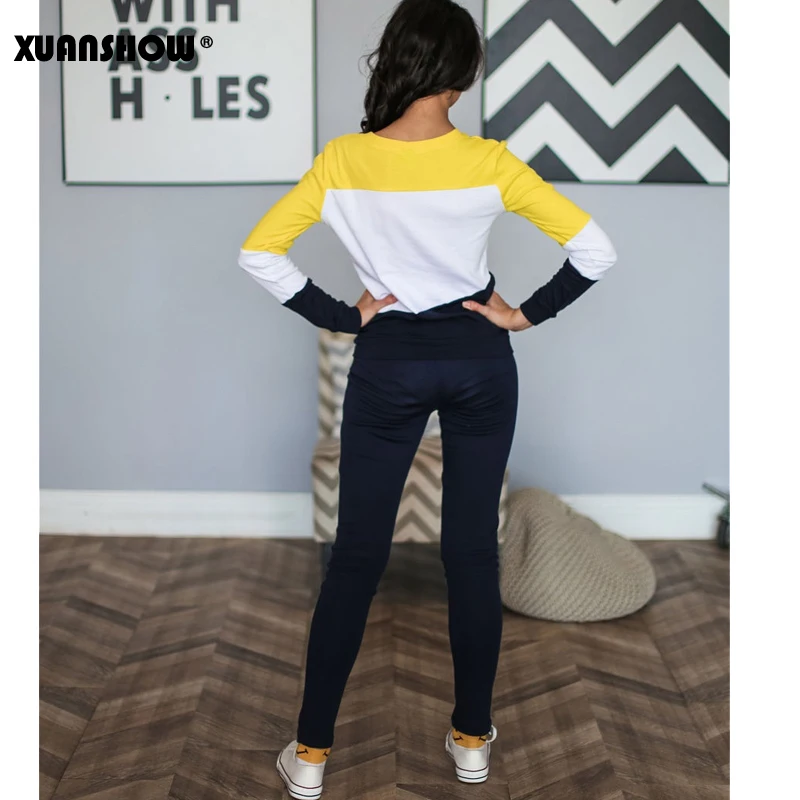 XUANSHOW Tracksuit Women Sportswear Autumn Winter Splice Long Sleeve Fleece Long Pant 2 Piece Set Lady Outfit Clothes S-XXL