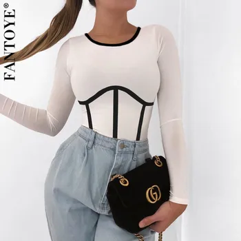 

FANTOYE Women Skinny Long Sleeve Top Shirts 2020 New Casual Striped Basic Crop Tops For Women Cloth Hot Streetwear White Tees