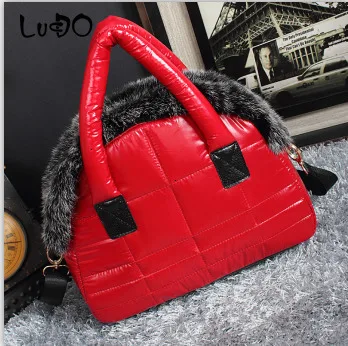 LUCDO Brand Luxury Handbag New Winter Woman Warm Space Cotton Shell Bags Designer Rabbit Fur Bag Ladies Jacket Shoulder Bag - Цвет: Oil surface red