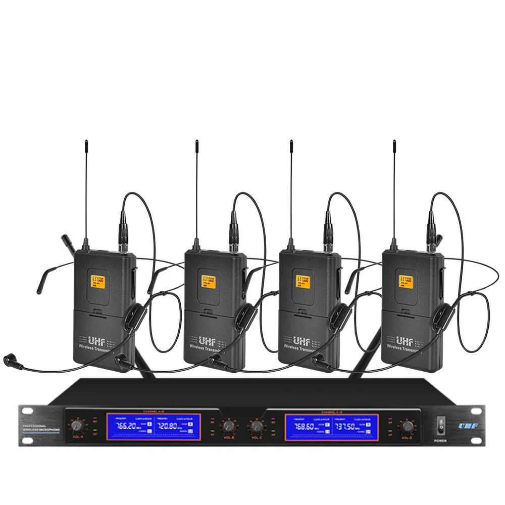 

Professional Wireless Microphone System 4 Headset Microphones Church School Outdoor Stage Performance