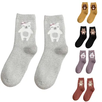 

5 Pairs Of Women Middle Tube Cotton Socks Cute Bear Style Ladies Warm Socks