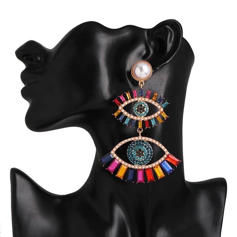 

Trendy Angel Eye Earrings Womens Large Pearl Devils Acrylic Rhinestone Colorful Crystal Alloy Dangle Earrings Jewelry For Girls