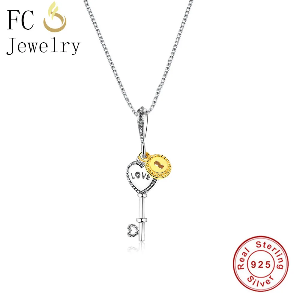 FC Jewelry 925 Sterlings Silver Heart Key To Gold Color Lock Pendant Women Men Chain Statement Necklaces Lover Trinket Fashion | Украшения