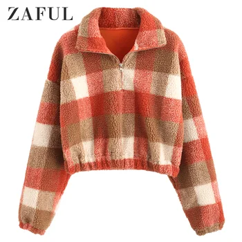 

ZAFUL 2019 Fashion retro casual Women's Short sweatshirt Half Zip Drop Shoulder Plaid Faux Fur Sweatshirt For Female