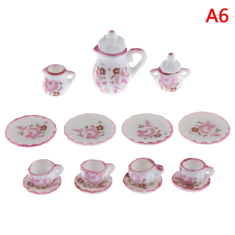 1Set Ceramic Scale 1:12 Doll House Miniature Porcelain Tea Cup Set Tableware Kitchen Dollhouse Teapot DIY Toys 10