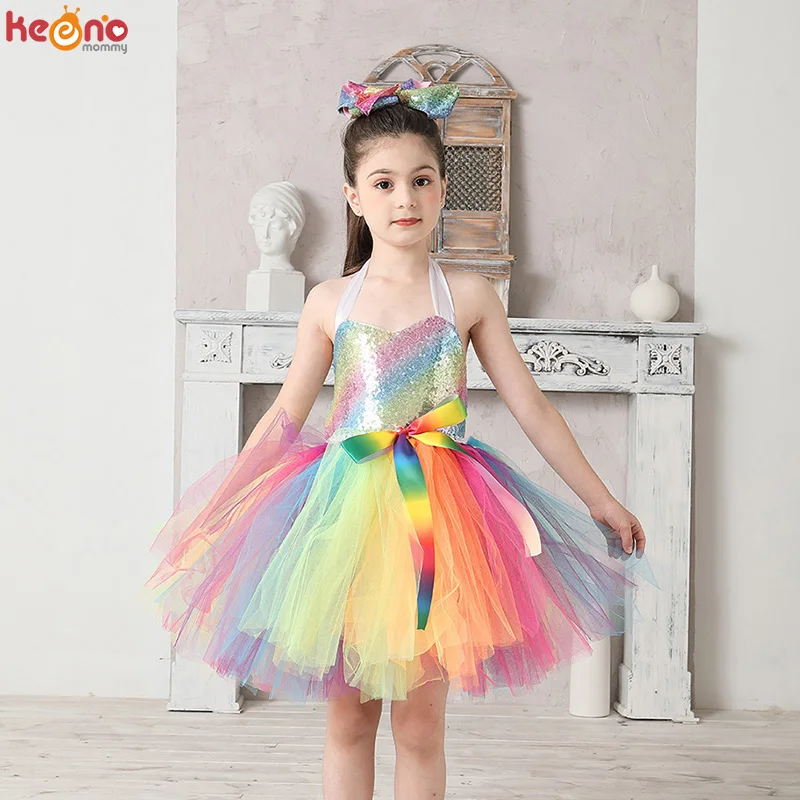 Vestido infantil arco-íris lantejoulas princesa Tutu, vestido de