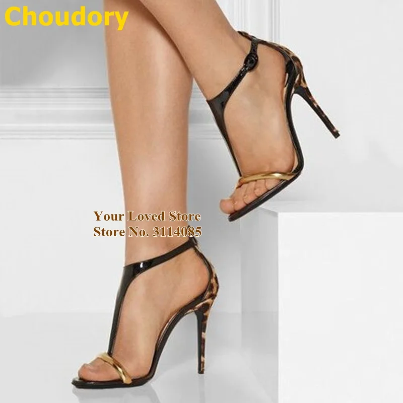 豹纹后跟黑色T型带凉鞋 最大46 130