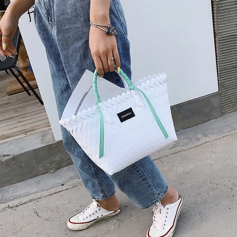 Female Casual Summer Beach Shoulder Bucket Handbags Women Weaving Solid Color Top-Handle Bags