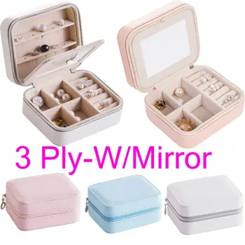 

Travel Jewelry Box Organizer PU Leather Jewelry Ornaments Case Storage W/Mirror