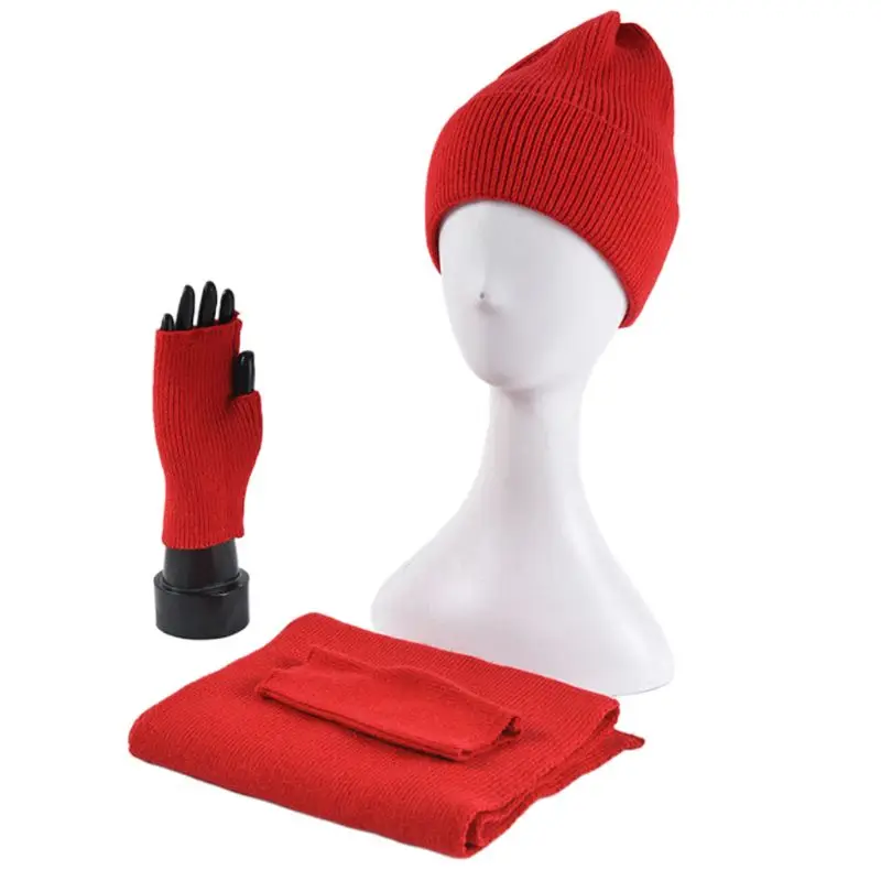 Зимняя шапка бини для женщин и мужчин, длинный шарф, перчатки на полпальца, 3 штуки, однотонный цвет, теплая шаль, вязаная шапка, варежки, набор - Цвет: Красный