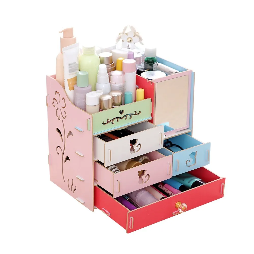  Cosmetic Storage Box Wood Desktop Rack Drawer Makeup Organizer With Mirror Bathroom Equipment Candy