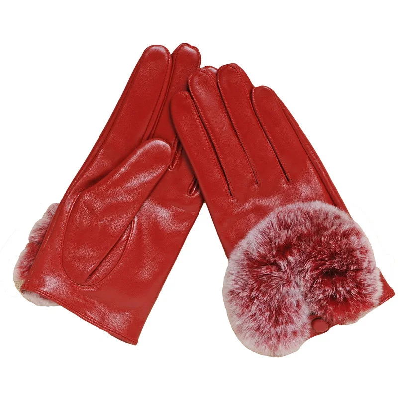 

Sheepskin Women's Gloves Wholesale Leather Gloves Winter Rex Rabbit Fur plus Velvet Thermal and Windproof Full-Grain