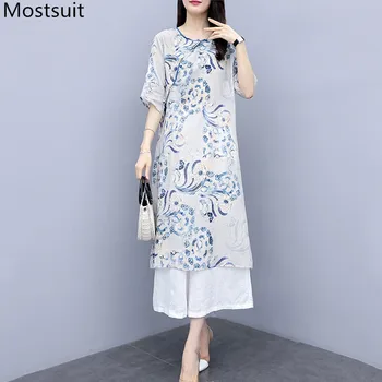 

2020 Summer Vintage Printed Cotton Linen Two Piece Sets Women Plus Size Short Sleeve Long Tops + Wide Leg Pants Suits Outfits