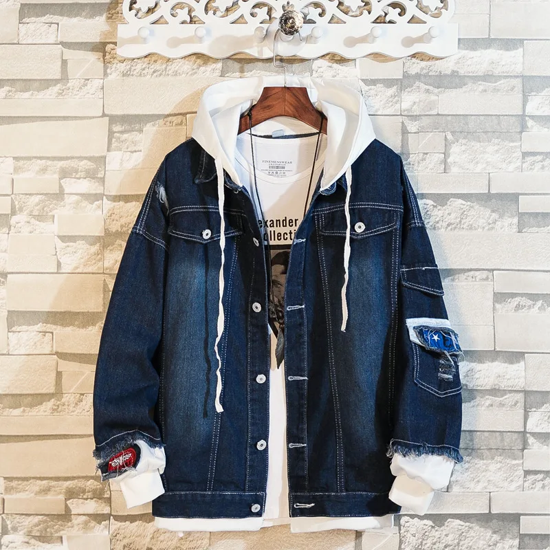 

Hot Models 2019 Autumn New Style Men Hooded Fashion Korean-style Casual Mock Two-Piece Joint Cowboy Jacket