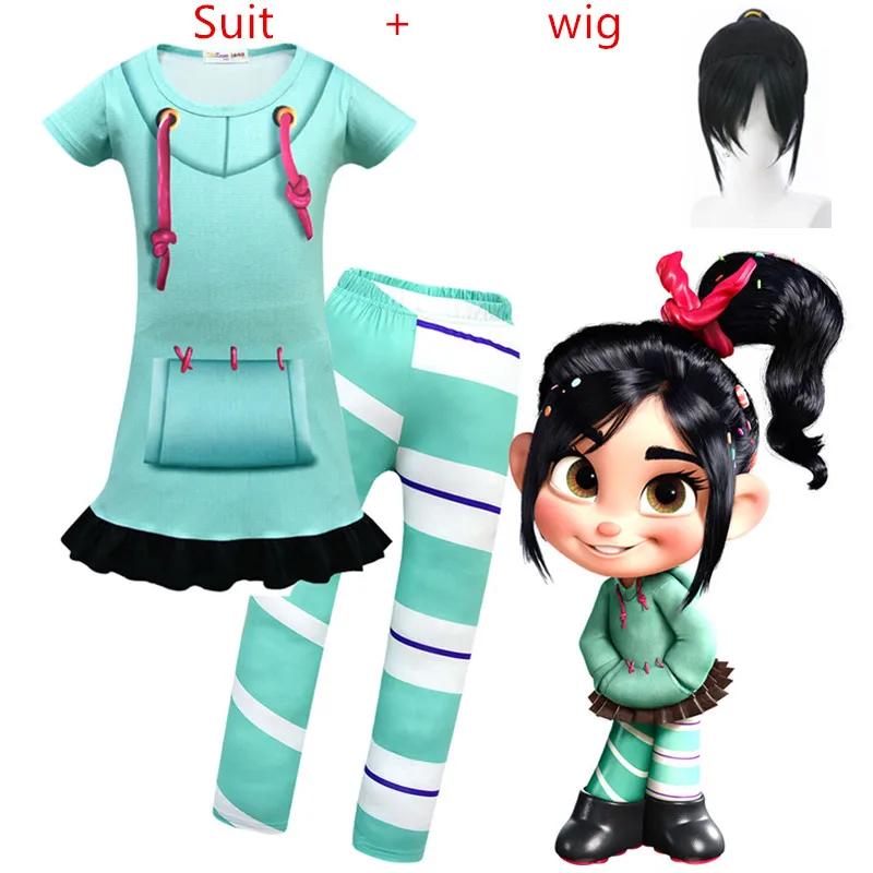 New Clothes Vanellope Von Schweetz Halloween Costume Wreck It Ralph2 Ralph Breaks The Internet Clothing for Baby Girls Kids wig