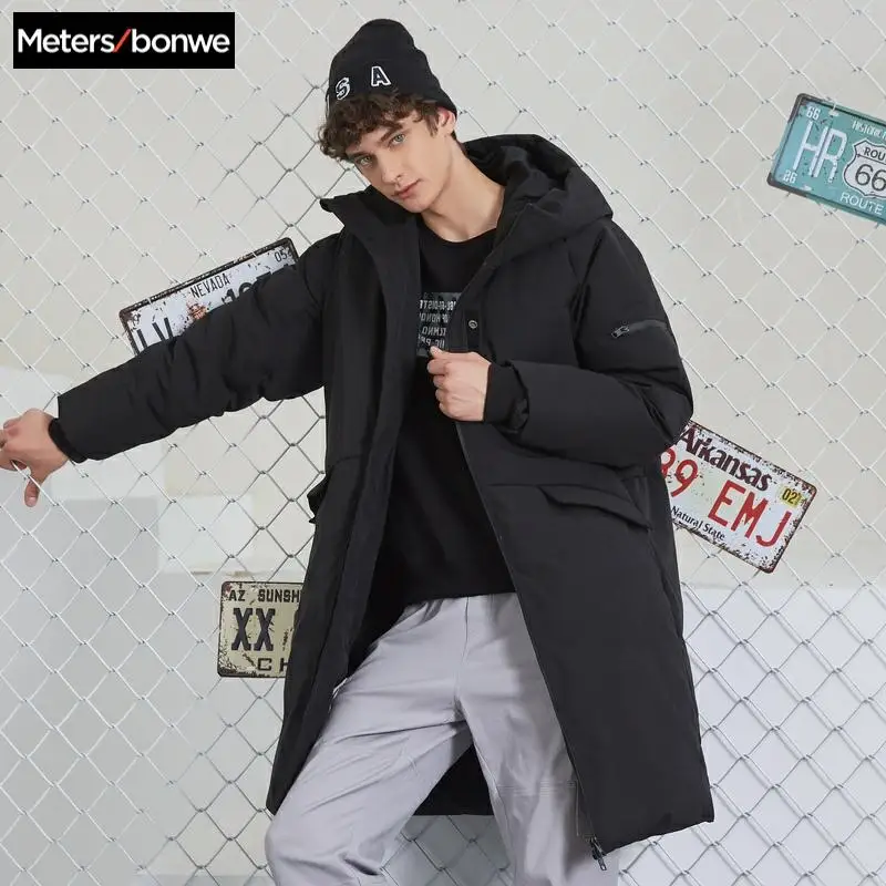 

Metersbonwe 2019 Men down jacket casual fashion winter jacket for Hooded windbreaker Solid color Long section down coat