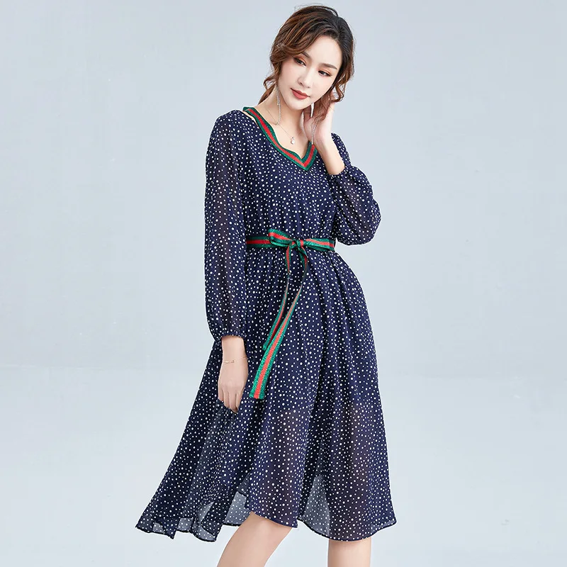 V-neck Floral Chiffon Long Dress Brand Women's 2019 Autumn New Slim Tie with Irregular Skirt