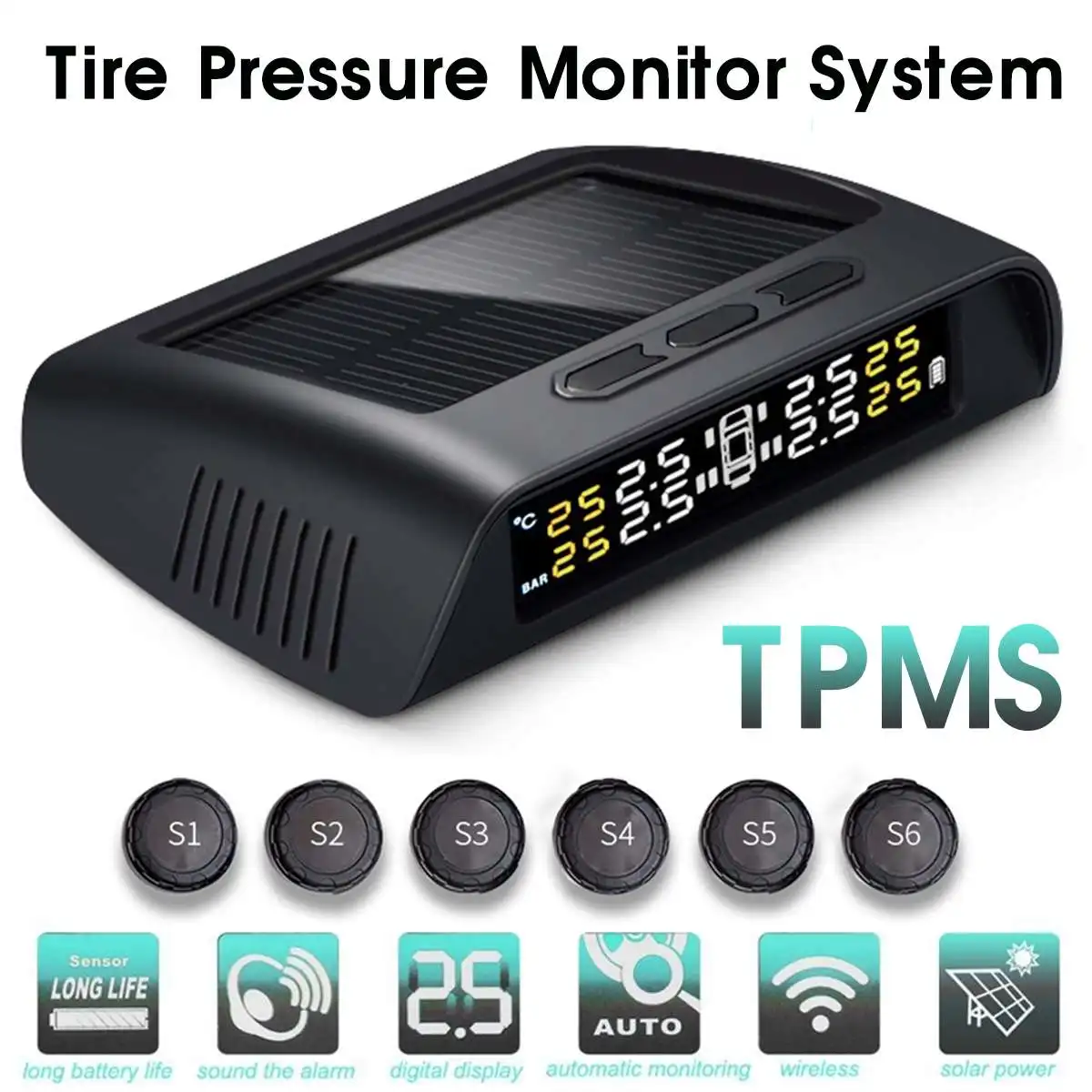 

6Wheel TPMS Small Truck Solar Tire Pressure Monitor Tire Pressure Alarm Monitor System Internal External Tyre Sensor Temperature