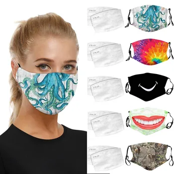

5PCS Print Masks Women Outdoor Face Washable Breathable adjustable Reusable Mask With 10PCS replaceable Filters Combination