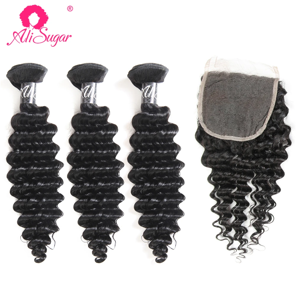 

Ali Sugar Hair Peruvian Deep Wave Raw Virgin Hair 3 Bundles With Closure 100% Unprocessed Human Hair Natural Color Free Shipping