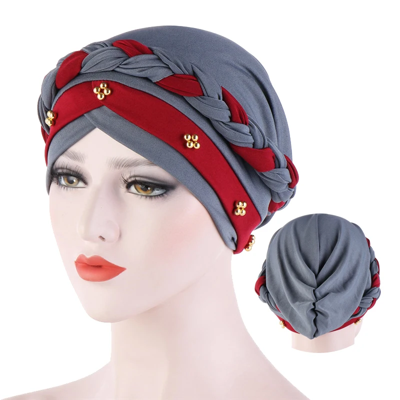 New-Two-Color-Beaded-Braid-Hijab-Caps-Spring-and-Autumn-Muslim-Wrap-Turban-Cap-Fashion-Cotton