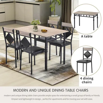 شراء5 قطعة الطبيعية المعاصرة تصميم طقم طاولة عشاء الخشب طاولة المطبخ 4 كرسي طعام مصنوع من الجلد أثاث غرفة الطعام والمطبخ مجموعة