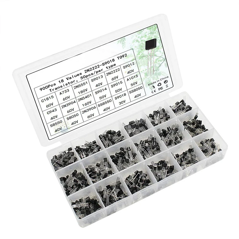 

900Pcs/Box 18Values TO-92 Transistor Assortment Kit A1015 2N2222 C1815 S8050 2N3904 2N3906 S9012 NPN/PNP Transistors Set