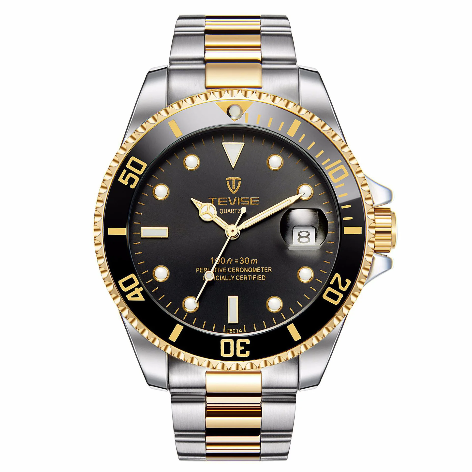TEVISE Модные мужские кварцевые часы с календарем водонепроницаемые деловые мужские часы из нержавеющей стали ремешок мужские часы Подарки для мужчин - Цвет: gold black-1