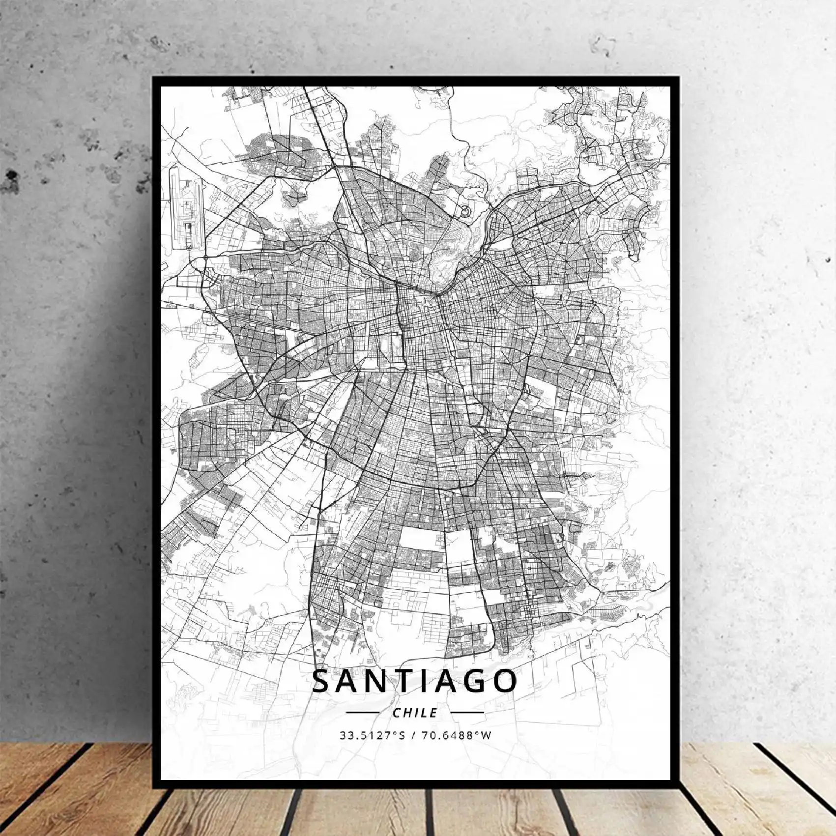 黒と白のサンティアゴチリ緯度経度キャンバスアート地図ポスター 絵画 書道 Aliexpress
