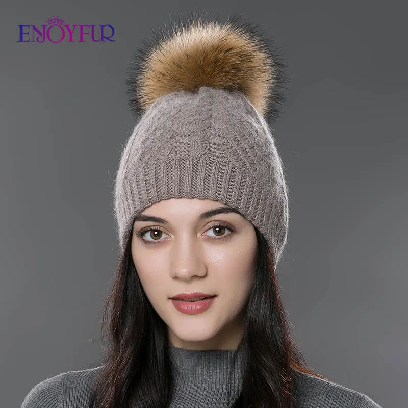 ENJOYFUR Winter Fur Pompom Hats For Women Cashmere Wool Knit