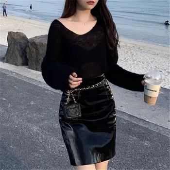 

2019 Womens Solid Color V-Neck Twist Loose Sweater Long Sleeve Casual Knit Pullover
