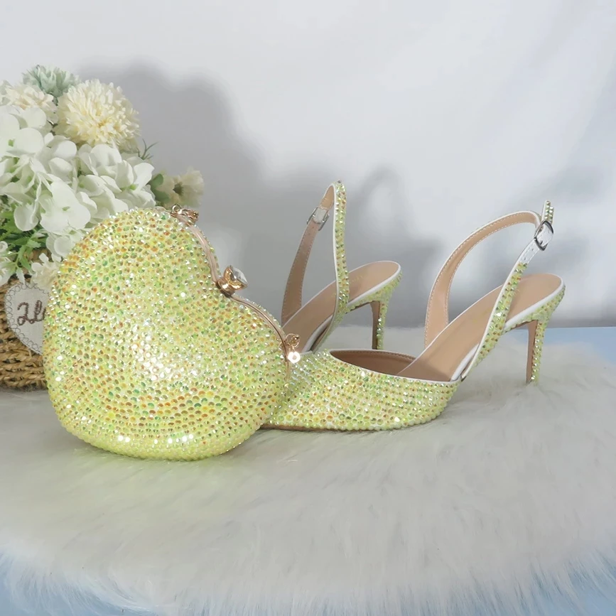 

Yellow Crystal Pointed Toe Sandals Bridal Wedding Shoes And Heart Bag Ladies Party Dress Thin Heels Women's High Heel Handbag