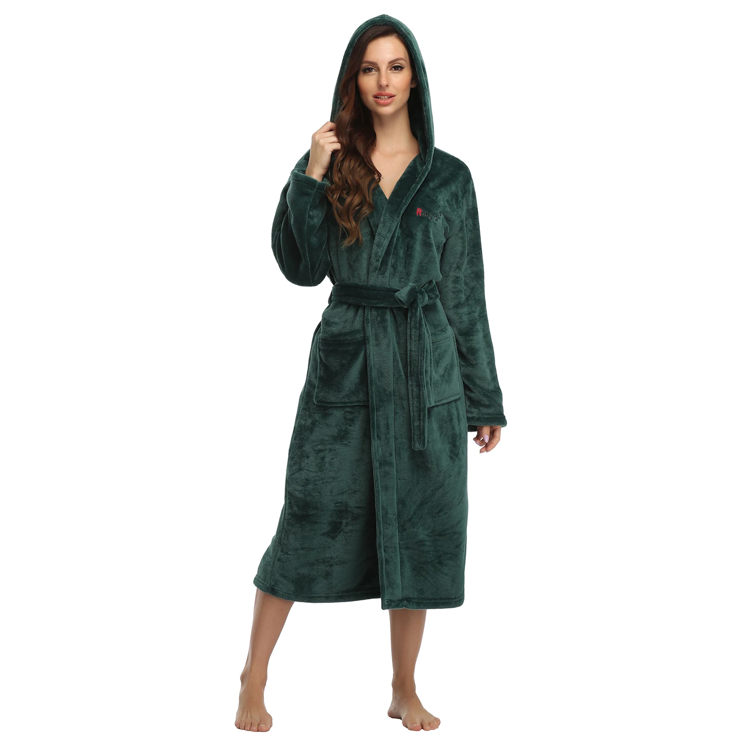 RONGTAI Dark Green Fleece Womens Robe Bathrobes with Hood|Robes ...