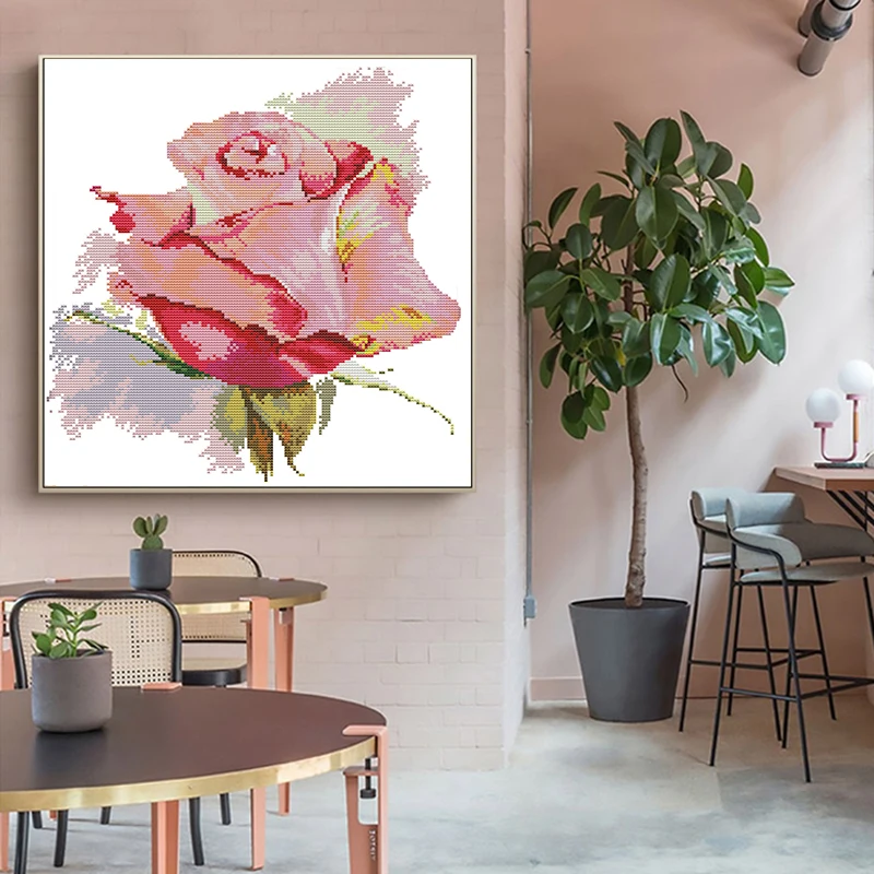 A pink rose cross stitch kit 14ct 11ct white cloth printed cloth handmade DIY needlework home embroidery decoration paintings
