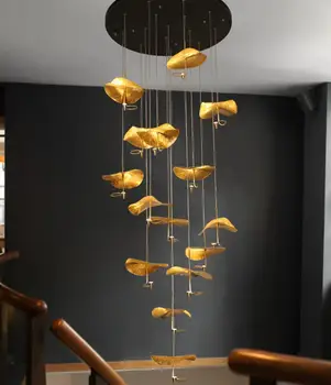 

Chinese Vintage Zen Art Lotus Leaf Pendant Lights Gold Lustre Decor Copper Hanging Lamp living room restaurant Lighting