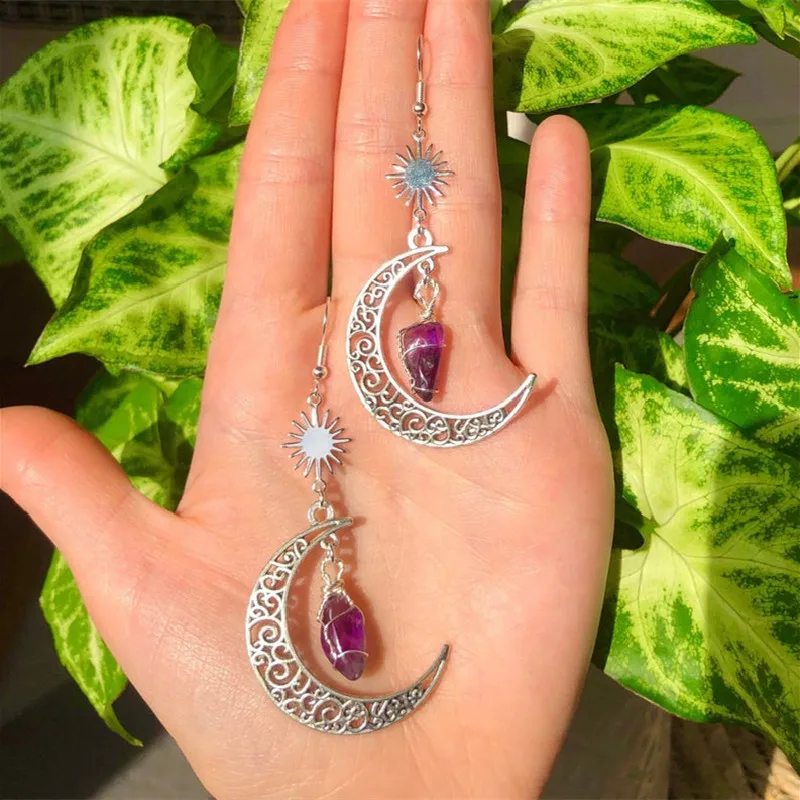Witchy Crescent Sun Moon Amethyst Crystals Stone Earring Wicca Healing Crystal Magic Protection Celestial Jewelry Women Gift stud earrings