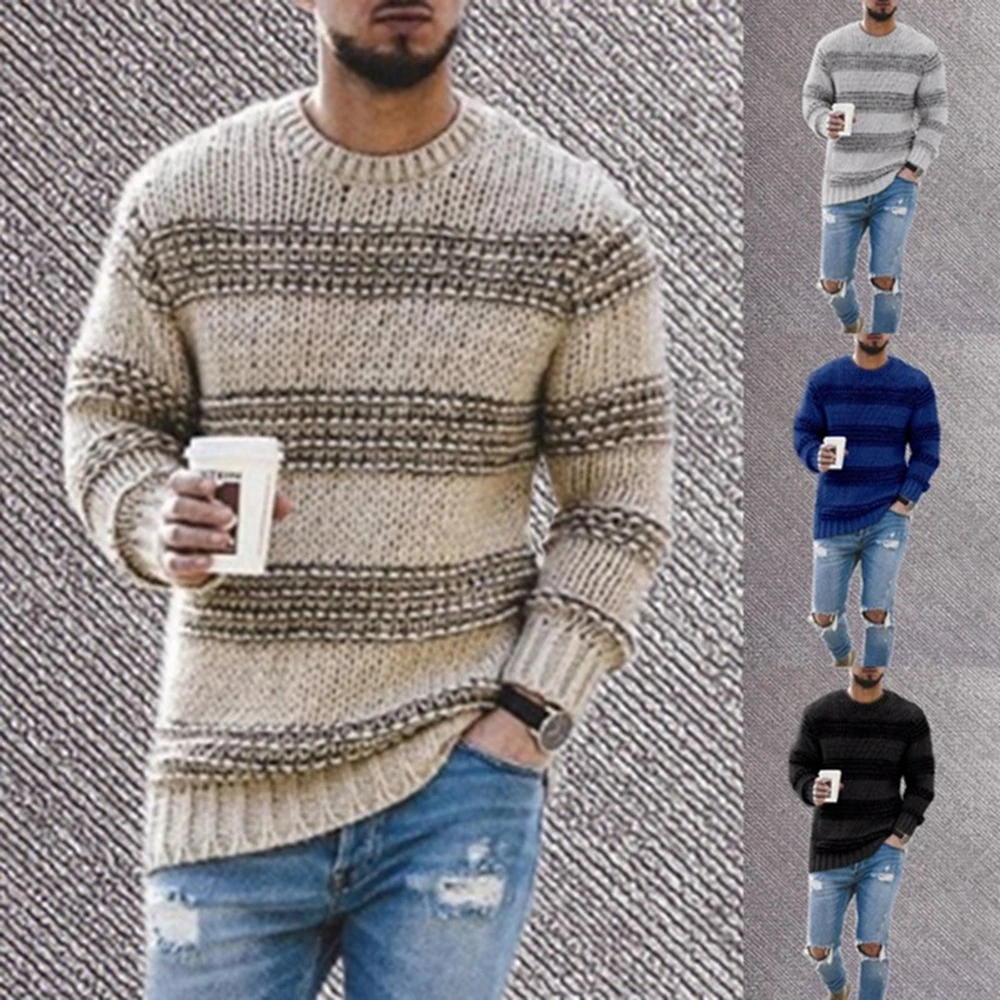 

Sweater Men 2020 New Winter Youthful Men's Round Neck Stripe Loose Type Warm Long Sleeve Knitted Sweater Men