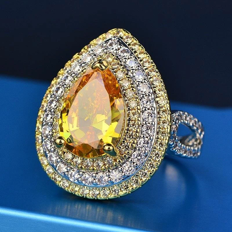 

Large Water Drop Yellow Zircon Stone Rings For Women Luxury Austrian Crystal Engagement Rings Exaggerated Bridal Jewelry Z4P123