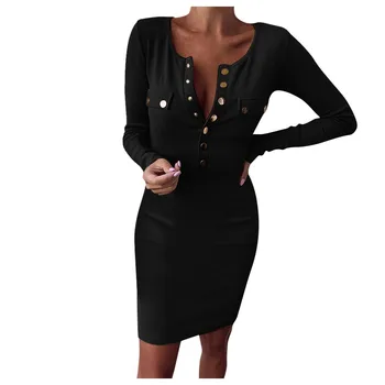 

Summer Dress Fall Women Sexy Casual Knit Sheath Mini Dresses Ladies Solid V Neck Chest Button Short Sleeve Bodycon Dress#45