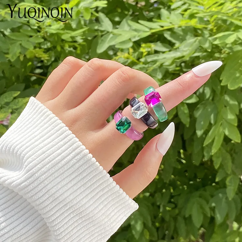 Finger Ring Fashion Acrylic Colorful Rectangle Rhinestone Rings Women Big Transparent Finger Ring Girls Vintage Female Jewelry