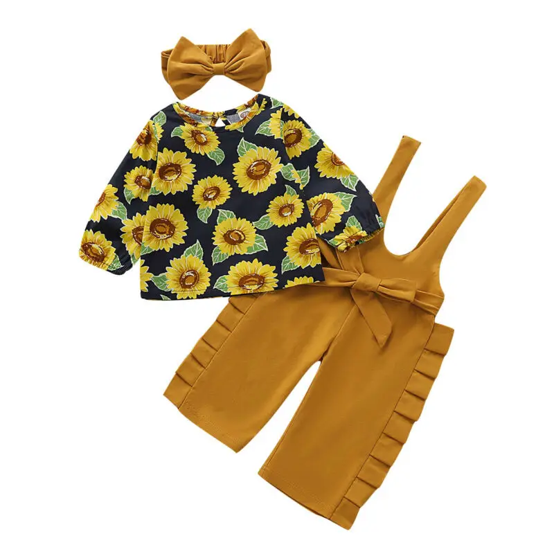 

Boutique Girl Clothes 3PCS Newborn Kids Baby Girl Autumn Clothes Cotton sunflower Print Tops+Pants Overall Outfits Set