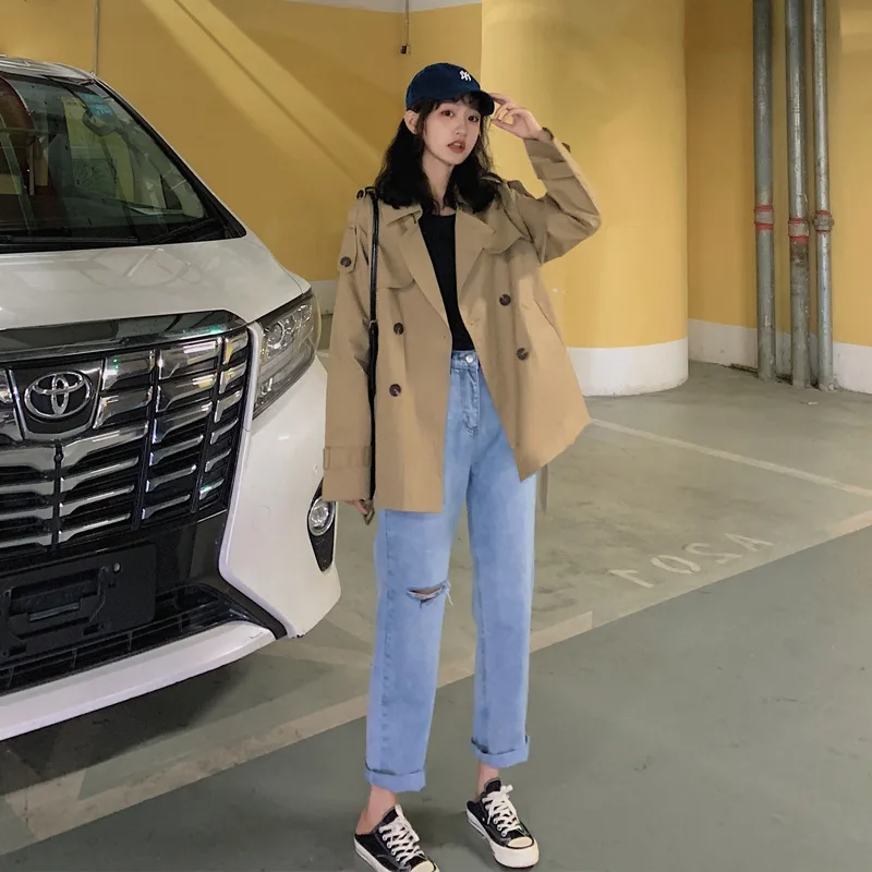 

2019 Autumn New Style Korean-style Short-height Short Trench Coat Student Waist Hugging BF Versatile CHIC Loose-Fit Coat Fashion
