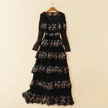 

HIGH QUALITY New Stylish Fashion 2020 Designer Runway Dress Women's O-Neck Long sleeve Embroidery Lace Vintage Long dress