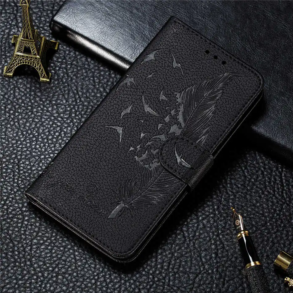 Black Кожаный чехол с откидной крышкой 7P 8 P для iPhone 11 Pro Max X XS XR Чехол-книжка с личи для Apple 6 6S 7 8 Plus чехол с перьями O13G - Цвет: Black