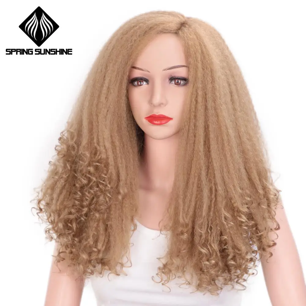 

Spring sunshine 22" Synthetic Afro Kinky Curly Yaki Straight Wig Wavy Ends Ombre Kinky Fluffy Wig Marley Braids Wigs for Women